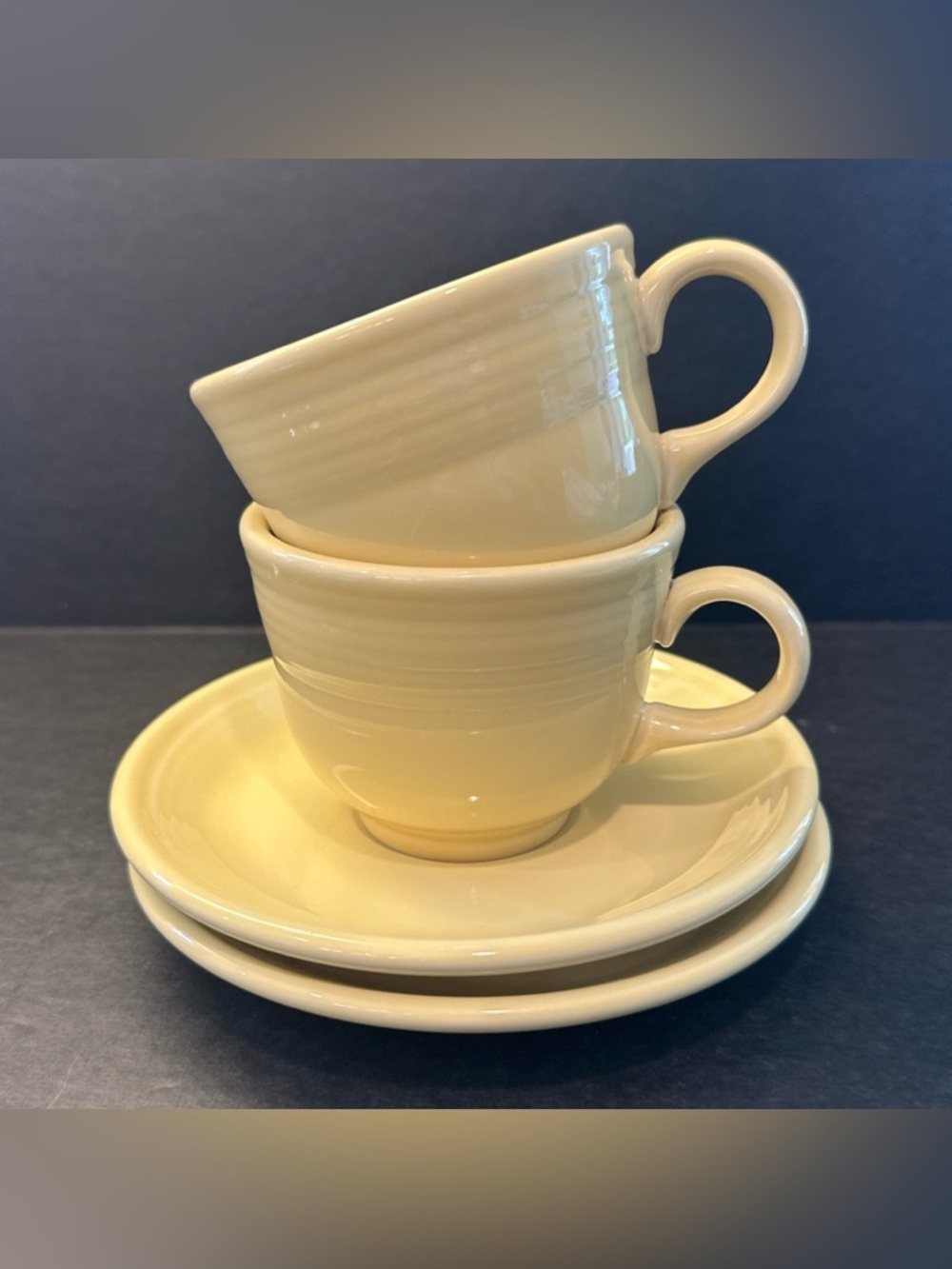 Two Vintage Fiesta Butter Yellow Flat Cup Saucer Sets Homer Laughlin 1987 FLAWS